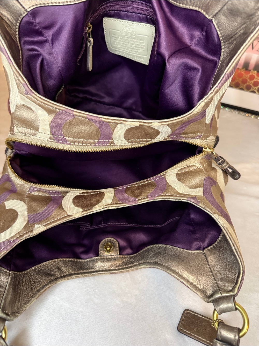 Coach Op Art Glam C1276-19844 Purple Satin Lined Metallic Bronze Shoulder Bag - Picture 10 of 12